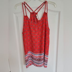 Pink Rose Double Strap Top, Orange with Navy and White Design, Size Large